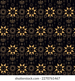 Seamless pattern with celestial astronomical elements sun moon and stars. Mystic esoteric magic zodiac Signs
