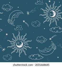 Seamless pattern with celestial bodies and girls. Vector graphics.