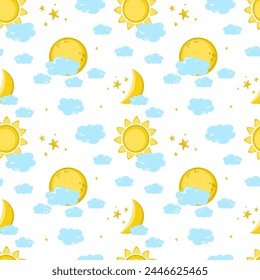 Seamless pattern of celestial bodies moon, moon and sun among clouds and stars on white background. 