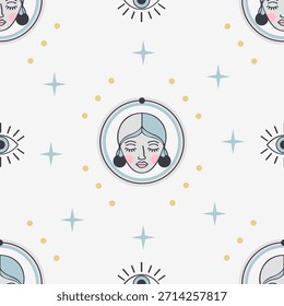 Patrón sin fisuras de cuerpos celestes, estrellas e íconos minimalistas de tercer ojo, un fondo de Vector de diseño plano para un embalaje místico para el cuidado de la piel y conceptos modernos de amor propio de San Valentín.
