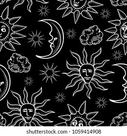 Seamless pattern with celestial bodies.The sun, the moon, the stars, the clouds.
Hand-drawn black and white  illustration in vintage style. Vector drawing.