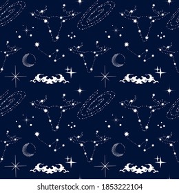 Seamless pattern with celestial bull, moon, stars and clouds. Alchemy night sky.