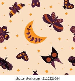 Seamless pattern with celestial butterfly. Stock vector illustration.