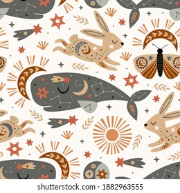 seamless pattern with celestial cachalot hare moth