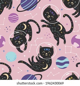 seamless pattern with celestial cats in space on pink background