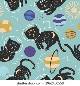 seamless pattern with celestial cats in space on blue background