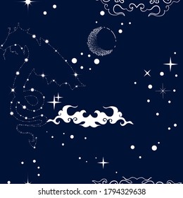 Seamless pattern with celestial dragon, moon, stars and clouds. Alchemy night sky.