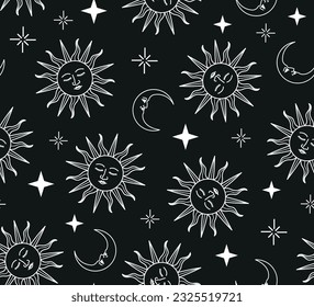 Seamless pattern of celestial elements, sun, moon, stars, planets, vector design for fashion, fabric, background, wall art prints