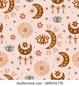 seamless pattern with  celestial eye, moon, sun