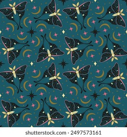 Seamless pattern with celestial luna moth and paisley motif. Stars and moons boho wallpaper. Nocturnal butterfly background.