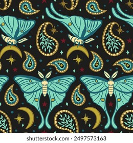 Seamless pattern with celestial luna moth and paisley motif. Stars and moons boho wallpaper. Nocturnal butterfly background.