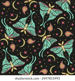 Seamless pattern with celestial luna moth and paisley motif. Stars and moons boho wallpaper. Nocturnal butterfly background.