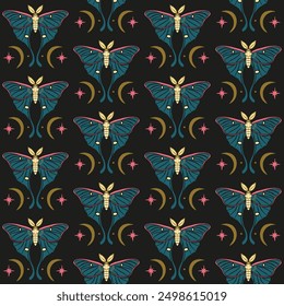 Seamless pattern with celestial luna moth and paisley motif. Stars and moons boho wallpaper. Nocturnal butterfly background.