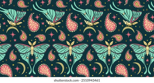 Seamless pattern with celestial luna moth and paisley motif. Stars and moons boho wallpaper. Nocturnal butterfly background.