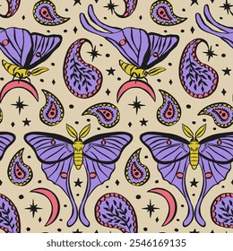 Seamless pattern with celestial luna moth and paisley motif. Stars and moons boho wallpaper. Nocturnal butterfly background.