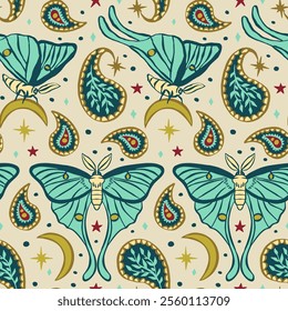 Seamless pattern with celestial luna moth and paisley motif. Stars and moons boho wallpaper. Nocturnal butterfly background.