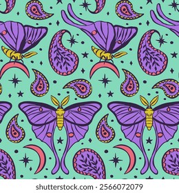 Seamless pattern with celestial luna moth and paisley motif. Stars and moons boho wallpaper. Nocturnal butterfly background.