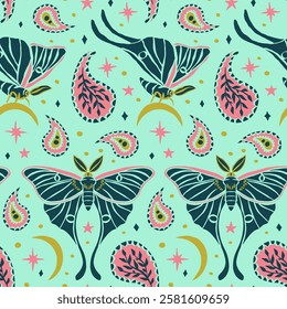 Seamless pattern with celestial luna moth and paisley motif. Stars and moons boho wallpaper. Nocturnal butterfly background.