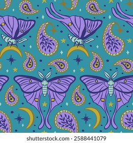 Seamless pattern with celestial luna moth and paisley motif. Stars and moons boho wallpaper. Nocturnal butterfly background.