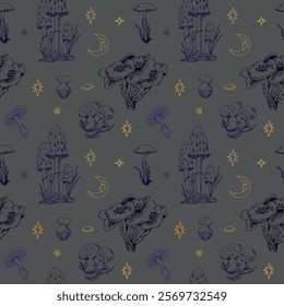 Seamless pattern with celestial, magical mushrooms, starts and moon, mystical vibes, dark background. Hand drawn, doodle