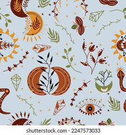 Seamless pattern with celestial moon, mystical snake, witch eyes, colorful flowers and leaves. Fashionable patterns can be used as textile, fabric, wallpaper, banner, etc. Vector.