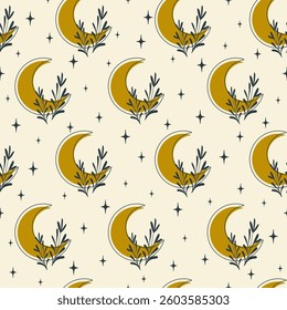 Seamless pattern with celestial moon phases. Half moon and stars, mystic herbal simple shapes