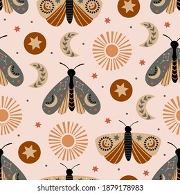 Seamless Pattern With Celestial Moth, Moon, Sun