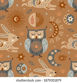 seamless pattern with celestial owl and hare