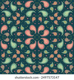 Seamless pattern with celestial and paisley motifs. Stars and florals boho wallpaper. Indian scarf design.