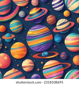 Seamless Pattern of Celestial Planets and Cosmic Stars Vector Illustration