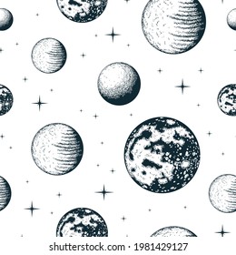 Seamless pattern with celestial planets. Galaxy background with stars and moon. Vector isolated space texture.