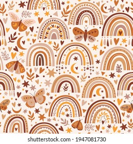 Seamless pattern with celestial rainbow and butterfly. Pastel color, brown color. pattern for textile and paper.