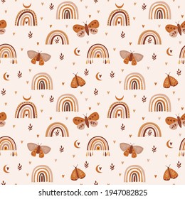 seamless pattern with celestial rainbow and butterfly. Pastel color, brown terra cota.