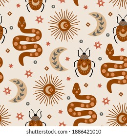 seamless pattern with celestial snake, bug and moon