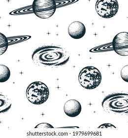 Seamless pattern with celestial stars. Galaxy background with Saturn, moon and planets. Vector isolated space texture.