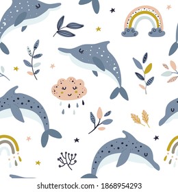 Seamless pattern with celestial whale. Pattern for bedroom, wallpaper, kids and baby t-shirts and wear, hand drawn nursery illustration