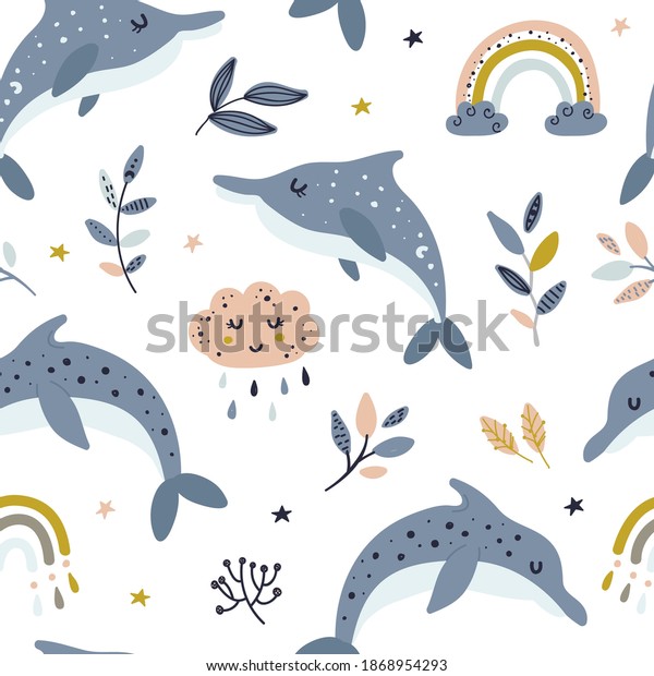 Seamless pattern with celestial whale.\
Pattern for bedroom, wallpaper, kids and baby t-shirts and wear,\
hand drawn nursery\
illustration