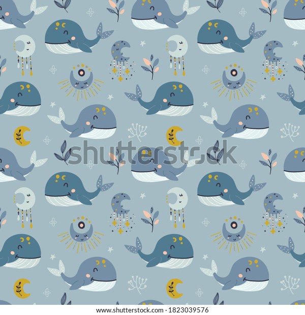Seamless pattern with celestial whale and\
dolphins. Pattern for bedroom, wallpaper, kids and baby t-shirts\
and wear, hand drawn nursery\
illustration
