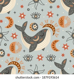 Seamless Pattern With Celestial Whale, Moon, Eye, Sun
