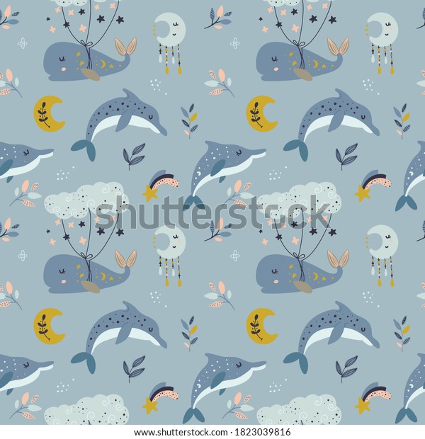 Seamless pattern with celestial whale and\
moon. Pattern for bedroom, wallpaper, kids and baby t-shirts and\
wear, hand drawn nursery\
illustration