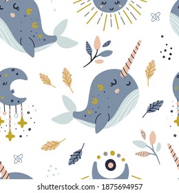Seamless pattern with celestial whales. Pattern for bedroom, wallpaper, kids and baby t-shirts and wear, hand drawn nursery illustration
