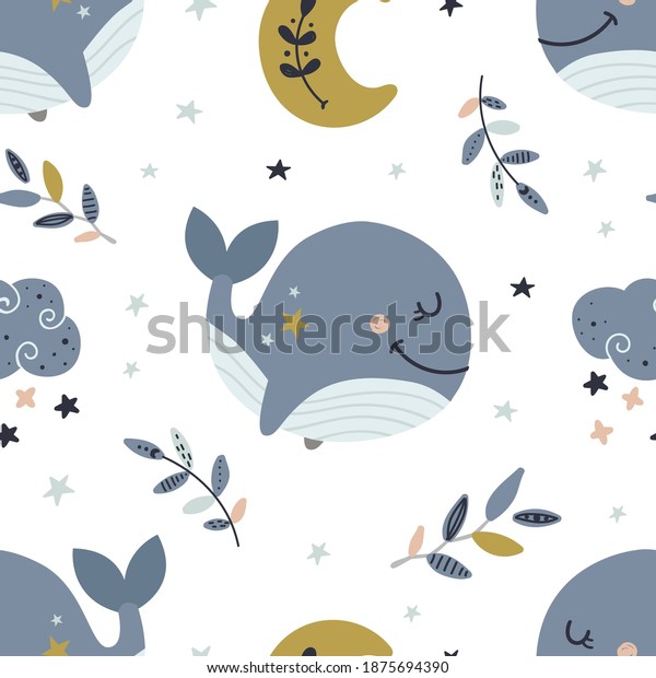 Seamless pattern with celestial whales.\
Pattern for bedroom, wallpaper, kids and baby t-shirts and wear,\
hand drawn nursery\
illustration