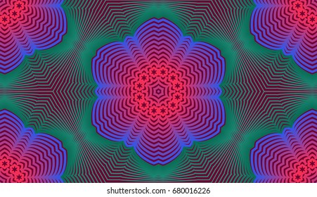 Seamless pattern. Cellular honeycomb structure. Red, blue, green tones. Dark red background.