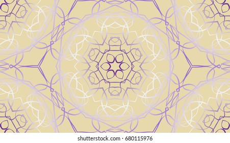 Seamless pattern. Cellular honeycomb structure. Purple-white flowers. Guilloche. Beige background.