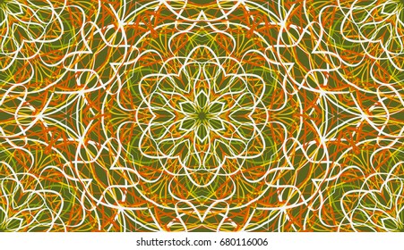 Seamless pattern. Cellular honeycomb structure. Green, white, red, orange, yellow. Guilloche. Green background.