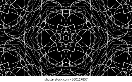 Seamless pattern. Cellular honeycomb structure. White flowers. Guilloche. Black background.