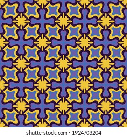 seamless pattern with Celtic motives. overlapping blue magenta cruciform elements, yellow stripes and art forms are arranged in a specific order on a black background. vector
