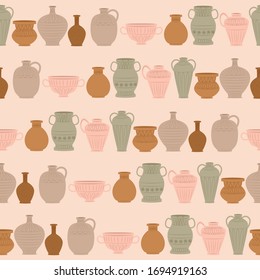 Seamless pattern with ceramic bowls, vase, jugs. Editable vector illustration.