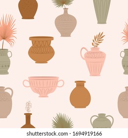 Seamless pattern with ceramic bowls, vase, jugs with palm leaf. Editable vector illustration.