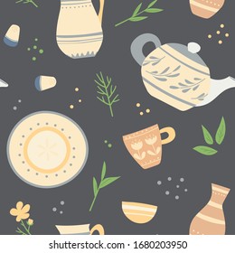 Seamless pattern of ceramic dishes with hand-made patterns and plants.